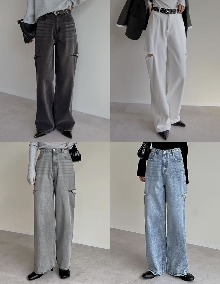サイドスリットワイドストレートコットンデニムパンツ