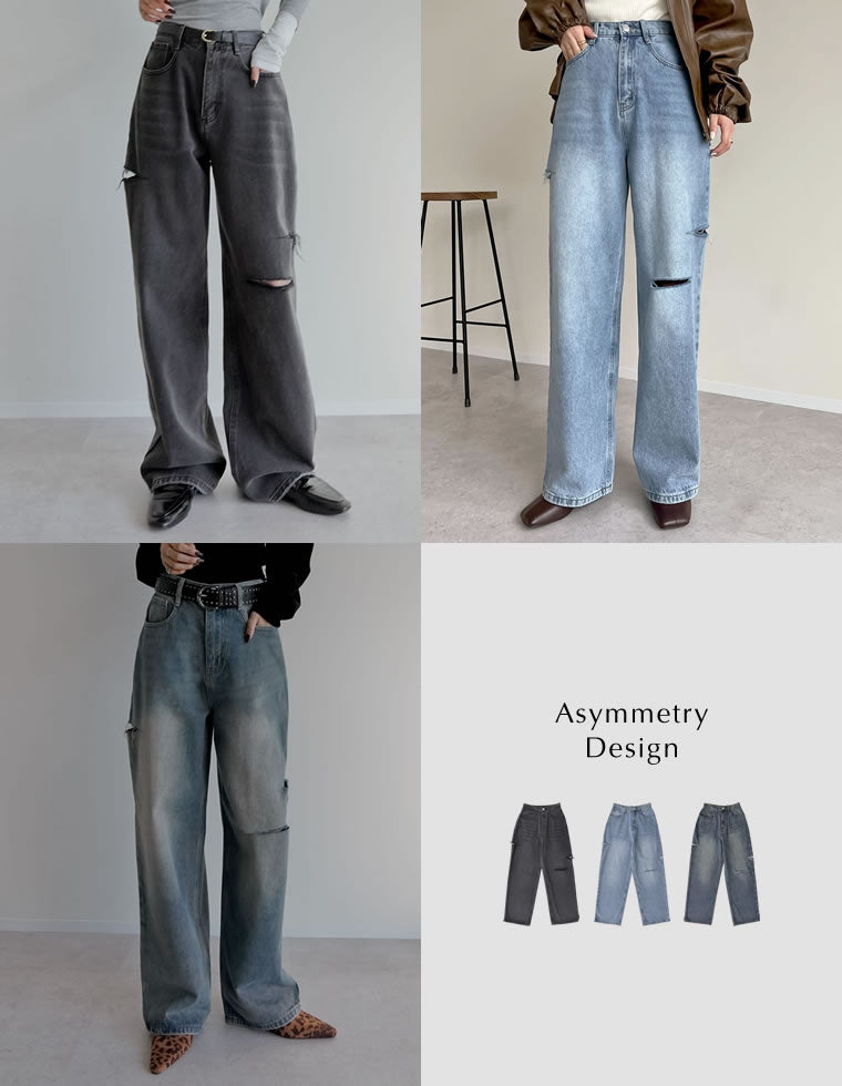 サイドスリットワイドストレートコットンデニムパンツ