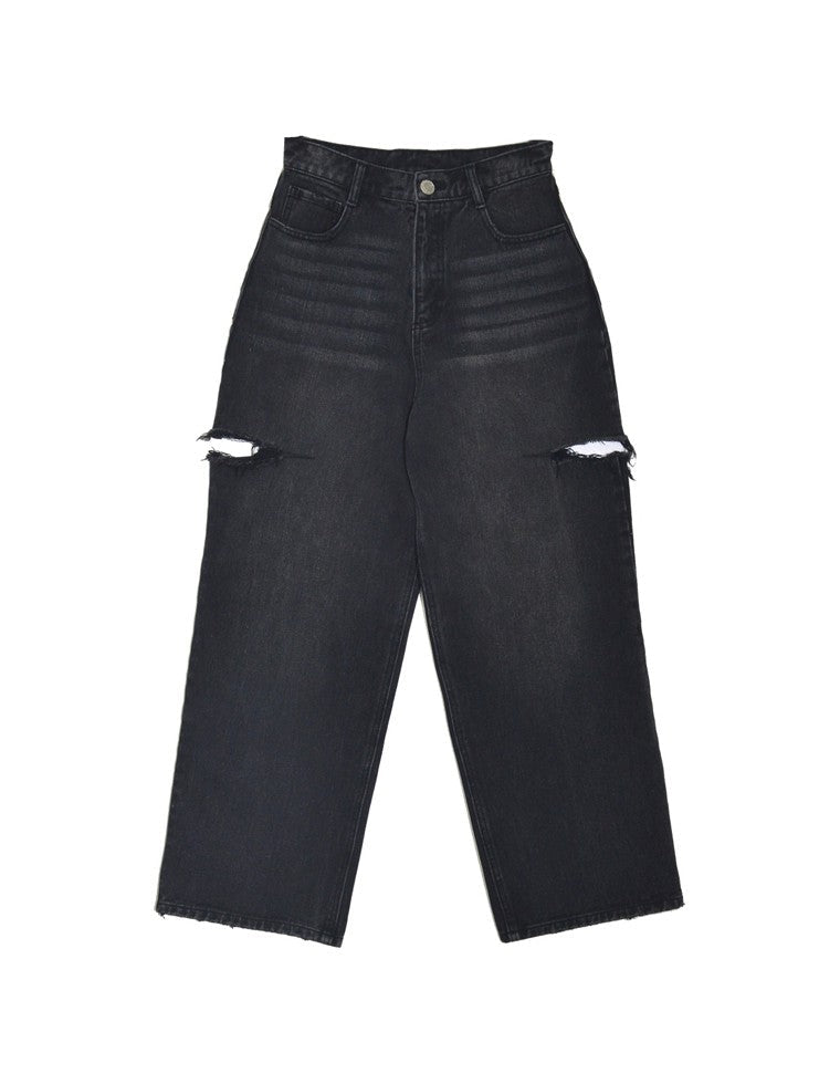 サイドスリットワイドストレートコットンデニムパンツ