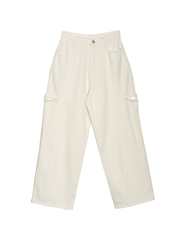 サイドスリットワイドストレートコットンデニムパンツ
