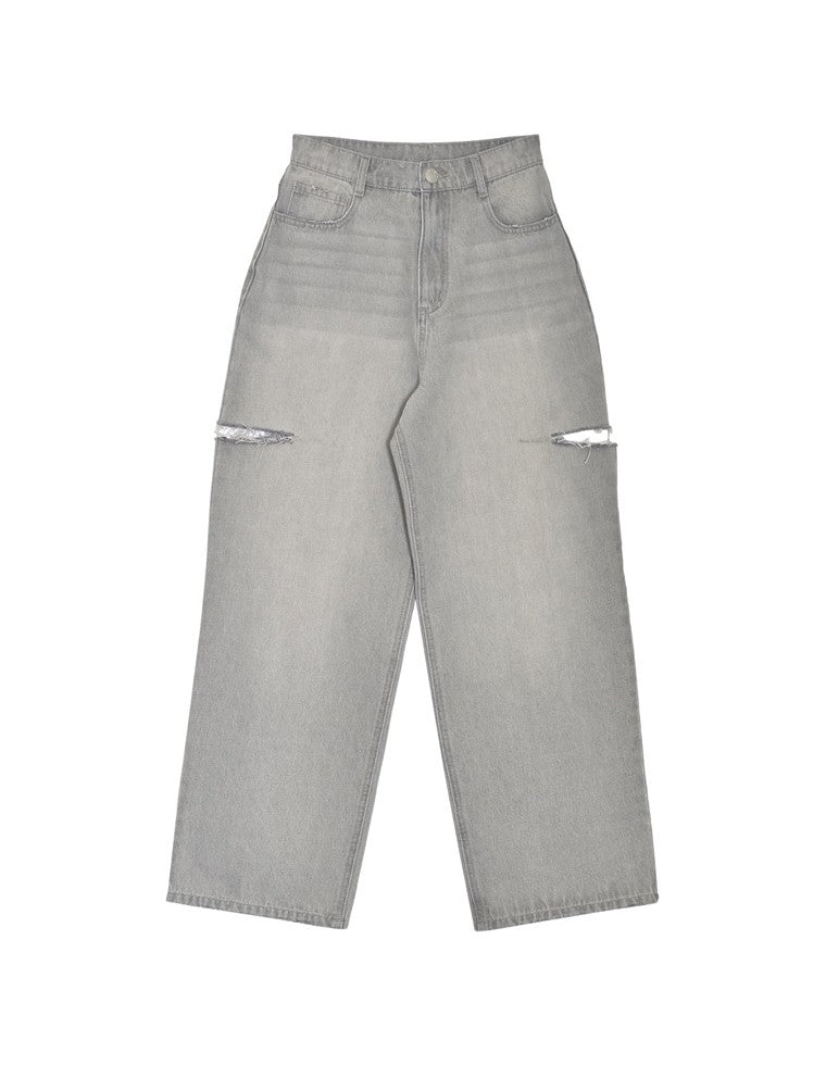 サイドスリットワイドストレートコットンデニムパンツ