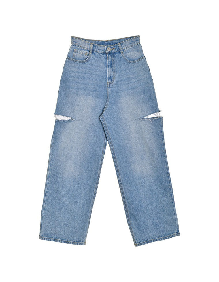 サイドスリットワイドストレートコットンデニムパンツ