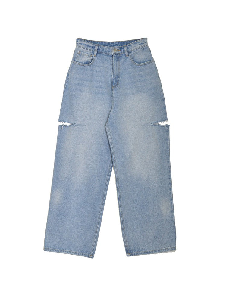 サイドスリットワイドストレートコットンデニムパンツ