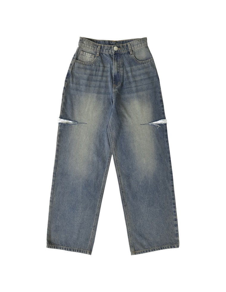 サイドスリットワイドストレートコットンデニムパンツ
