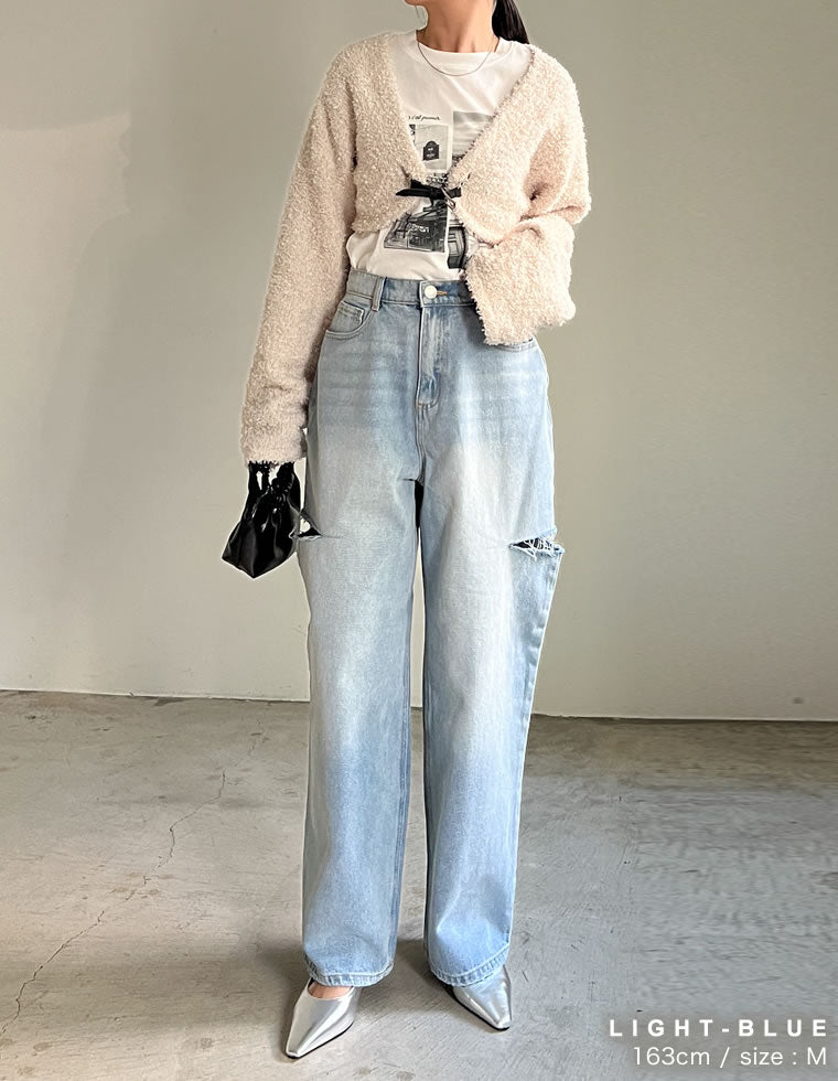 サイドスリットワイドストレートコットンデニムパンツ