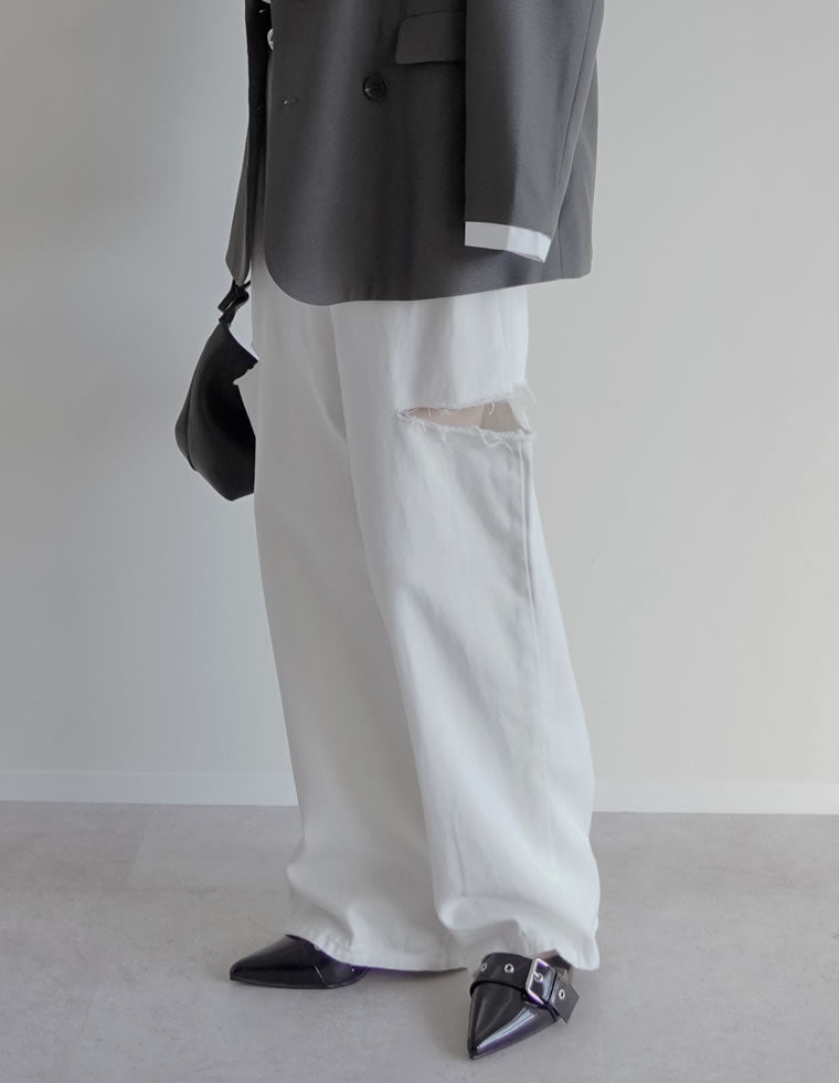 サイドスリットワイドストレートコットンデニムパンツ