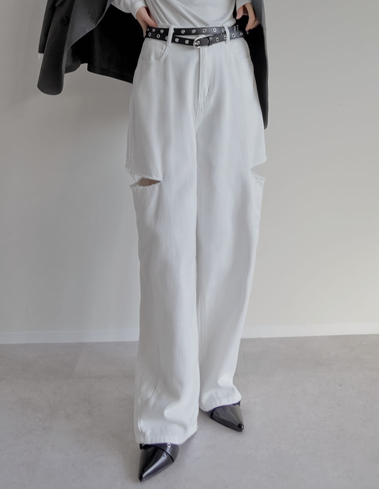 サイドスリットワイドストレートコットンデニムパンツ