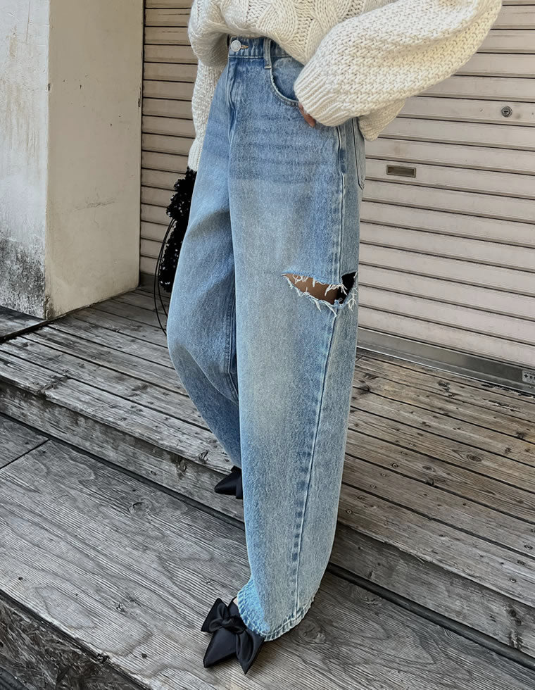 サイドスリットワイドストレートコットンデニムパンツ