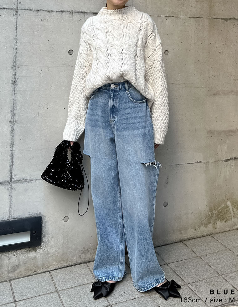 サイドスリットワイドストレートコットンデニムパンツ