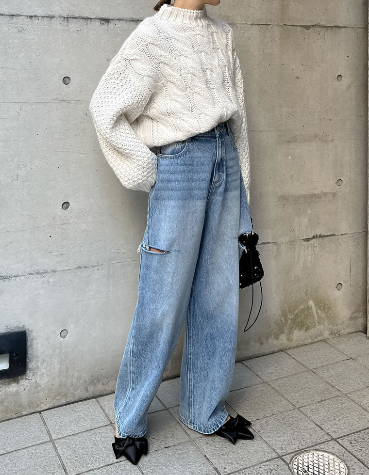 サイドスリットワイドストレートコットンデニムパンツ