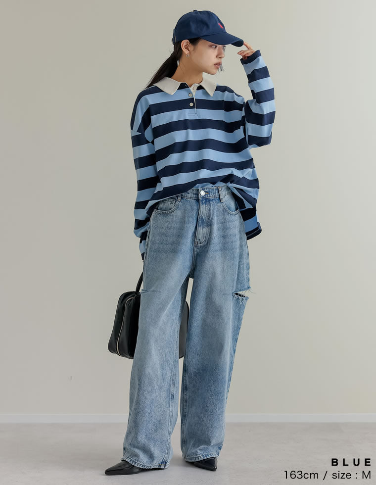 サイドスリットワイドストレートコットンデニムパンツ