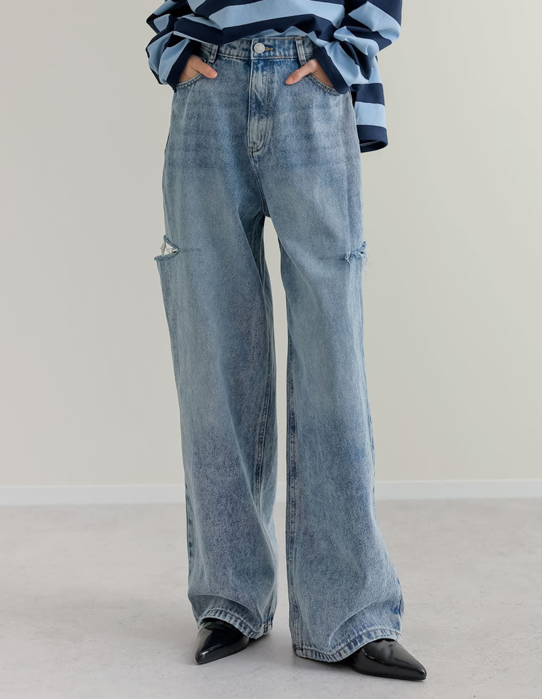 サイドスリットワイドストレートコットンデニムパンツ