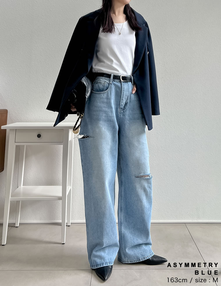 サイドスリットワイドストレートコットンデニムパンツ