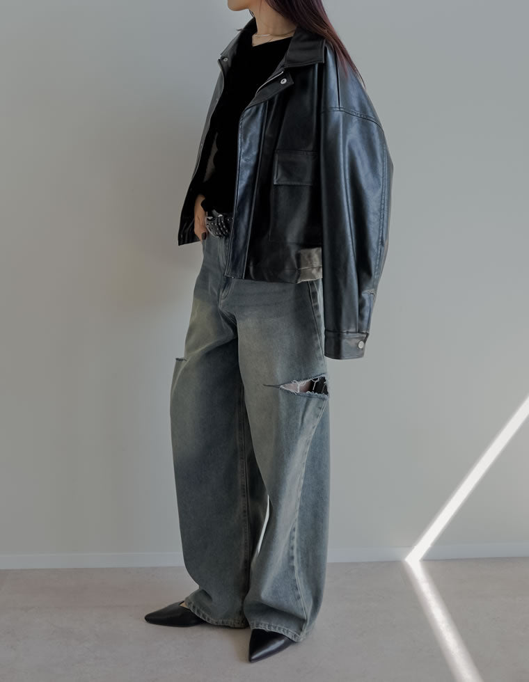 サイドスリットワイドストレートコットンデニムパンツ