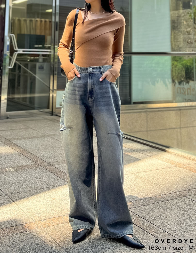 サイドスリットワイドストレートコットンデニムパンツ