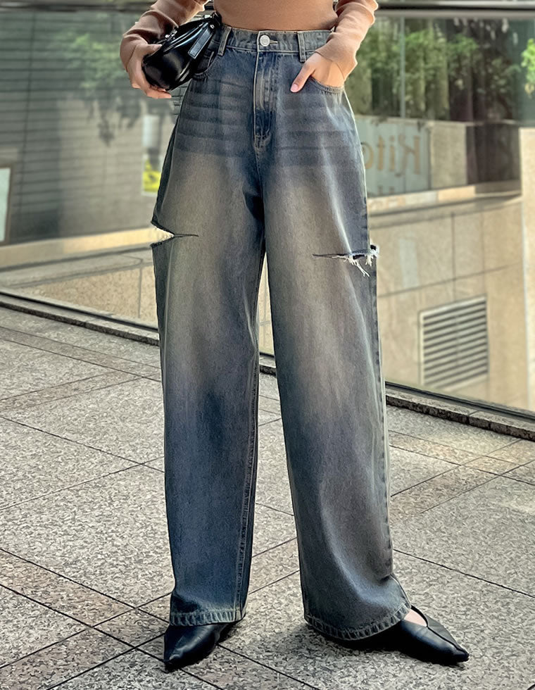 サイドスリットワイドストレートコットンデニムパンツ
