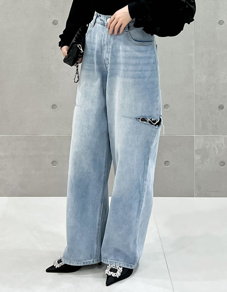 サイドスリットワイドストレートコットンデニムパンツ