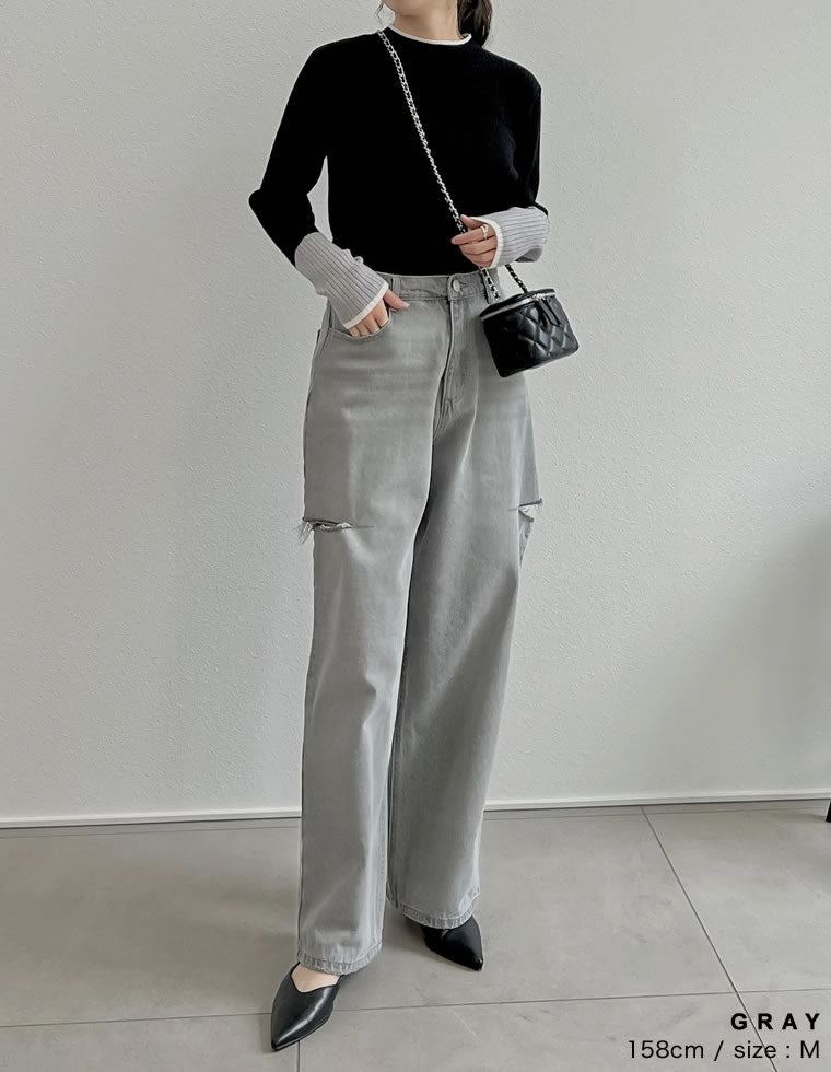 サイドスリットワイドストレートコットンデニムパンツ