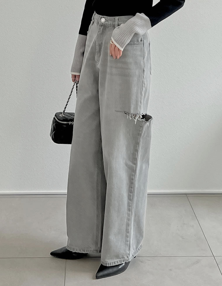 サイドスリットワイドストレートコットンデニムパンツ