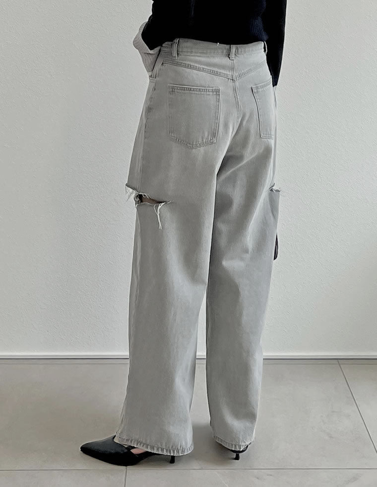 サイドスリットワイドストレートコットンデニムパンツ