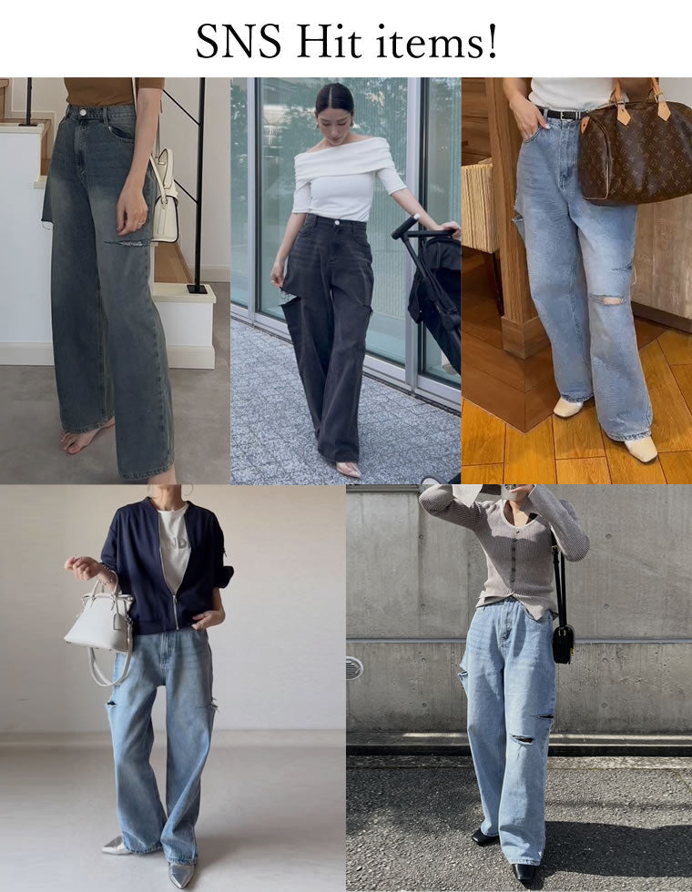 サイドスリットワイドストレートコットンデニムパンツ
