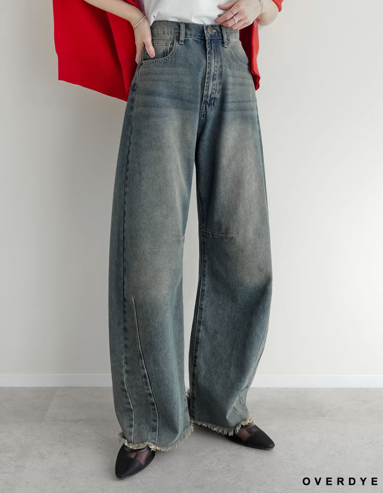 裾フリンジバレルレッグデニムパンツ
