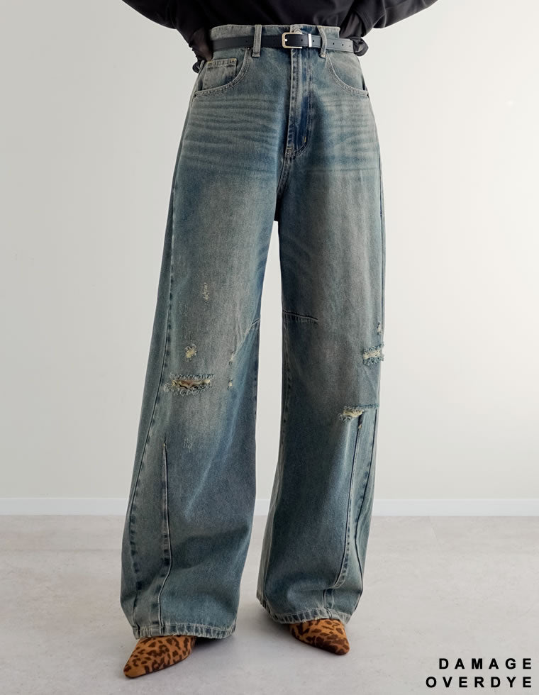 裾フリンジバレルレッグデニムパンツ
