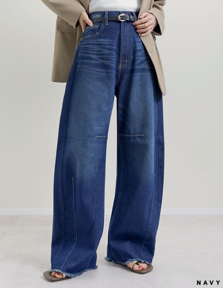 裾フリンジバレルレッグデニムパンツ