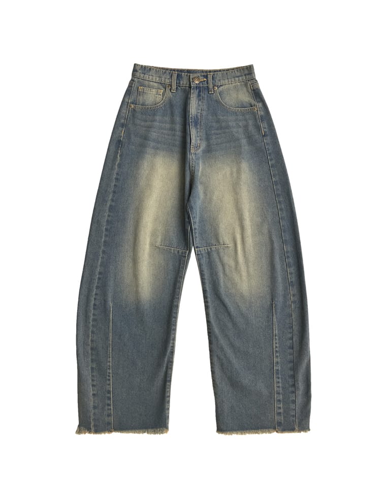 裾フリンジバレルレッグデニムパンツ