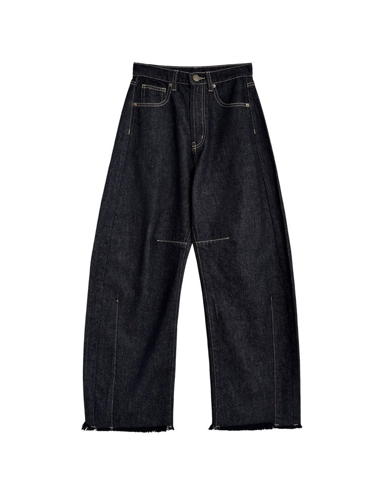 裾フリンジバレルレッグデニムパンツ