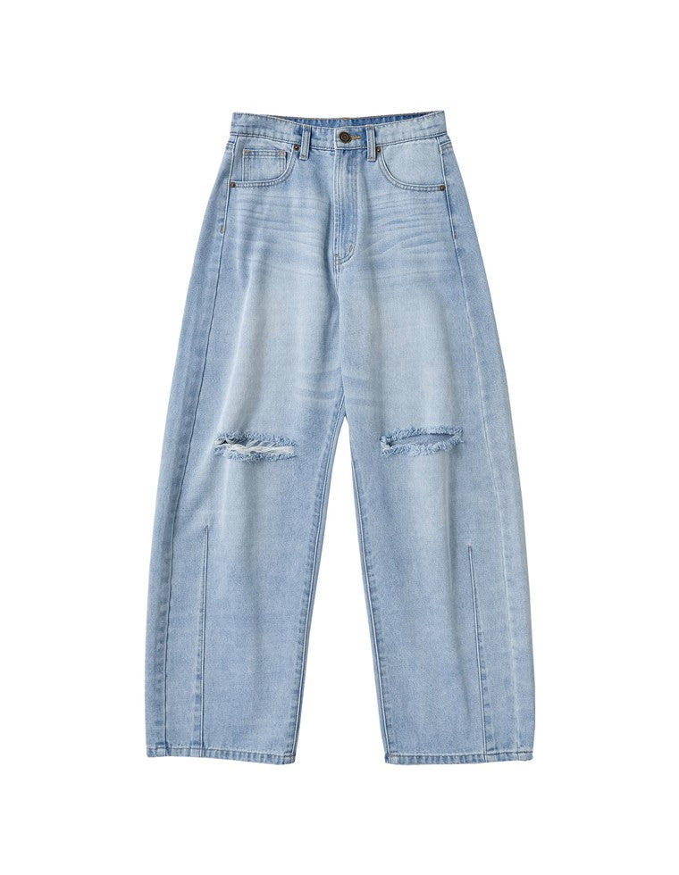 裾フリンジバレルレッグデニムパンツ