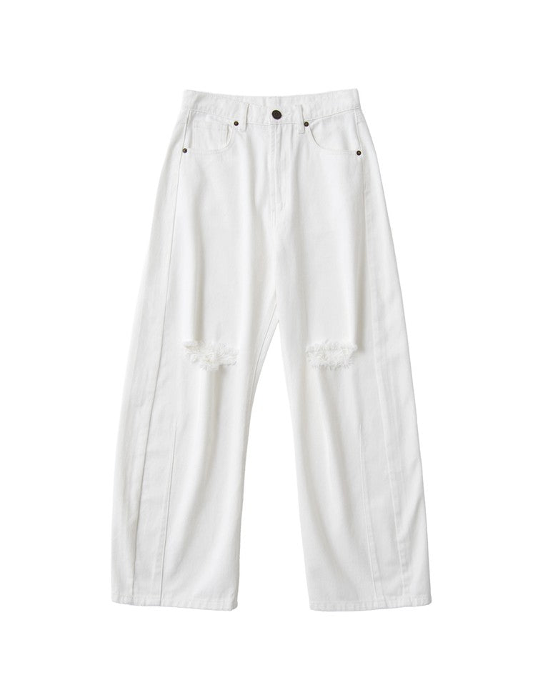 裾フリンジバレルレッグデニムパンツ