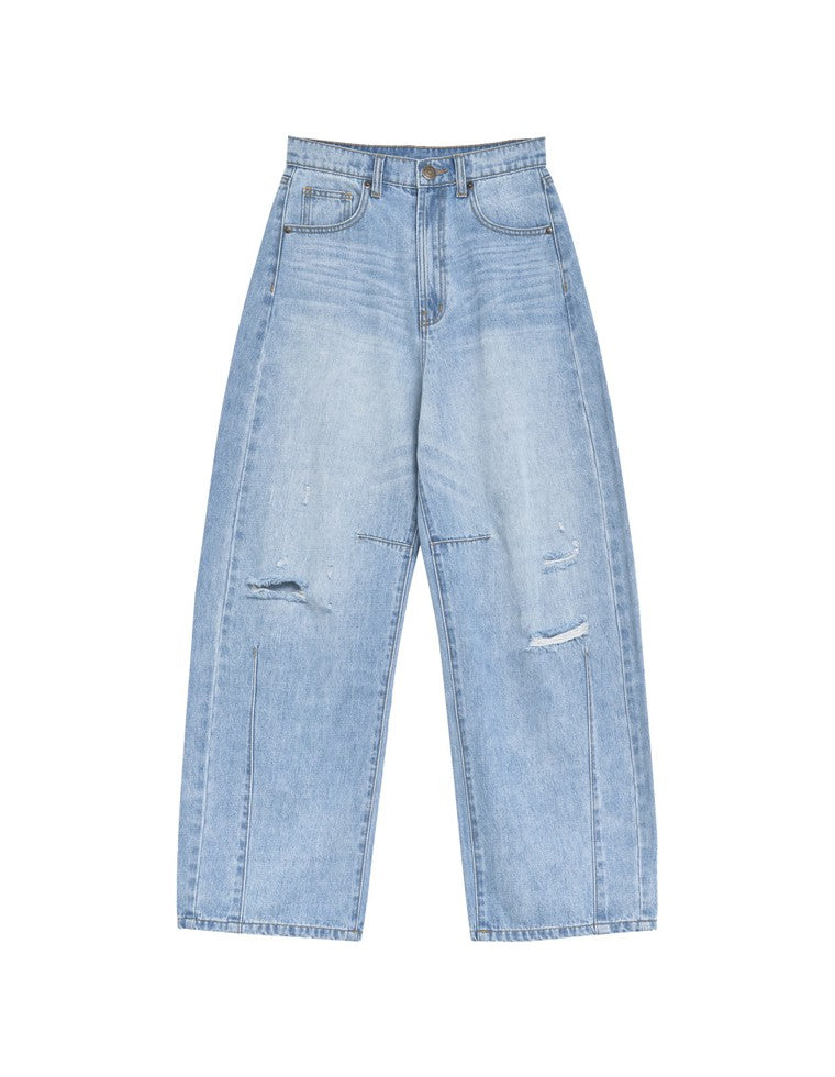 裾フリンジバレルレッグデニムパンツ