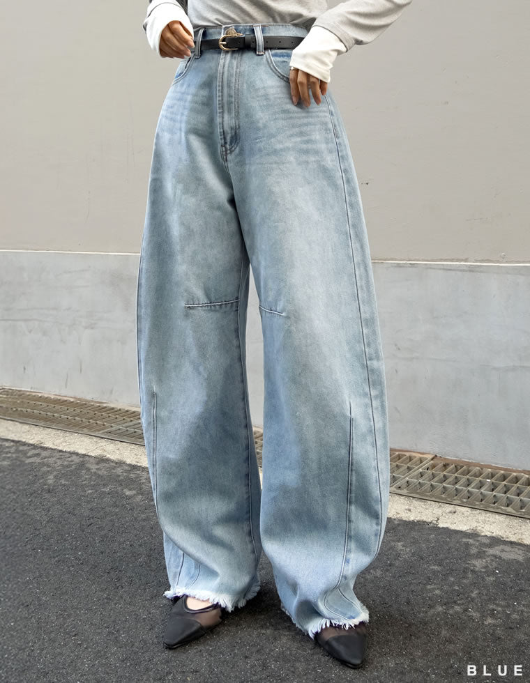 裾フリンジバレルレッグデニムパンツ
