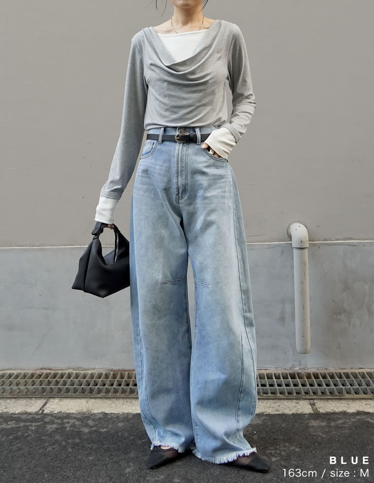 裾フリンジバレルレッグデニムパンツ