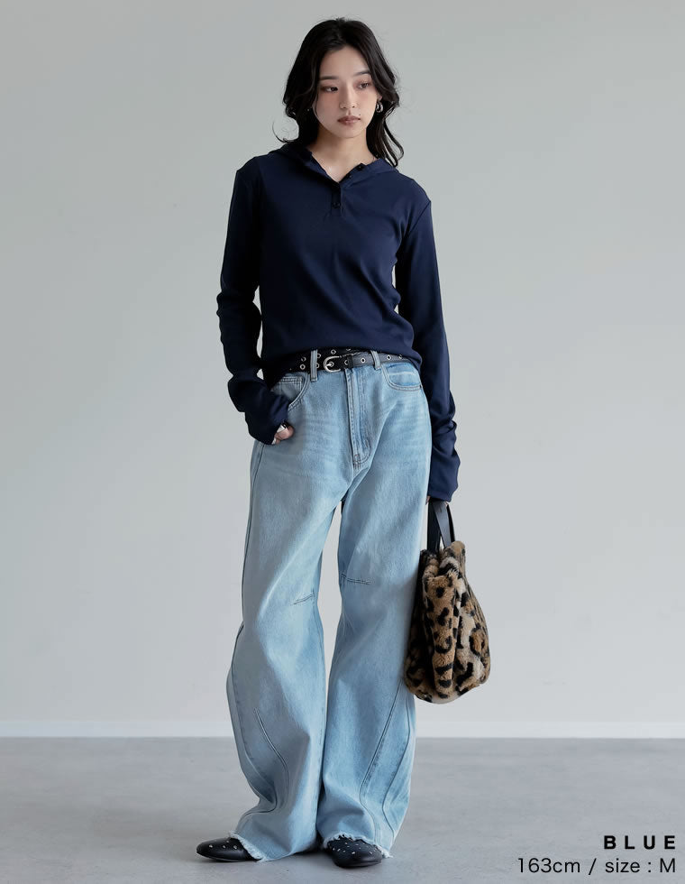 裾フリンジバレルレッグデニムパンツ