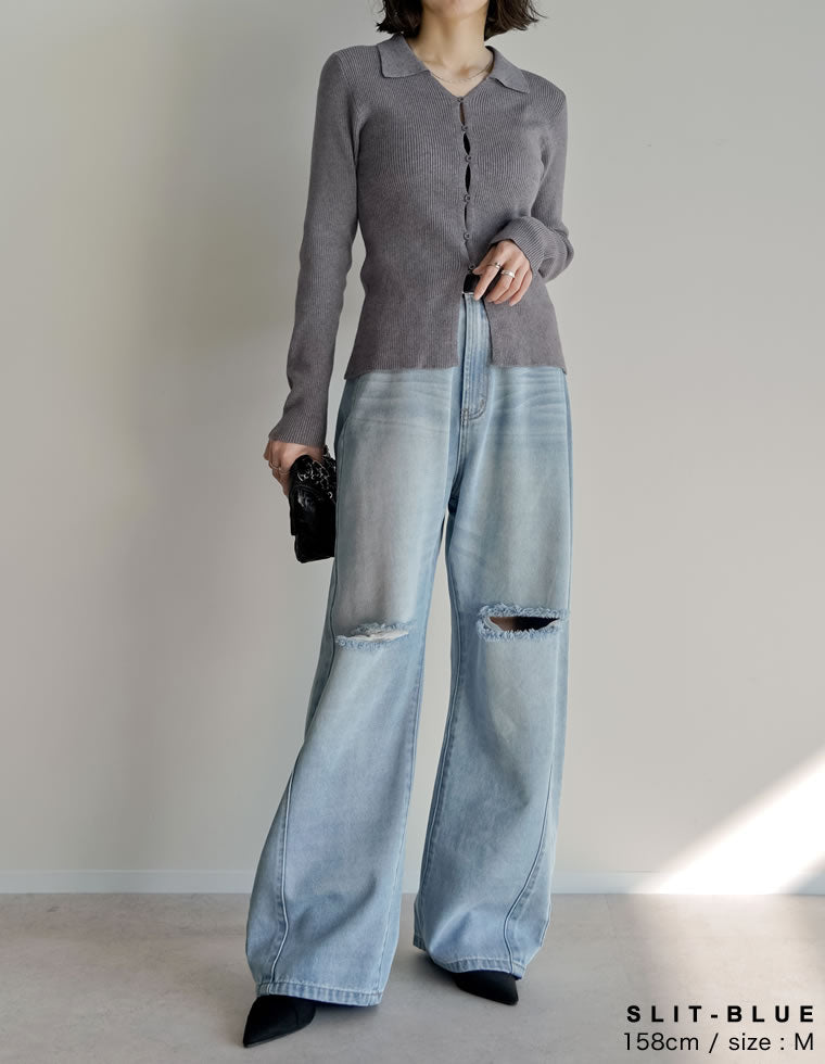 裾フリンジバレルレッグデニムパンツ