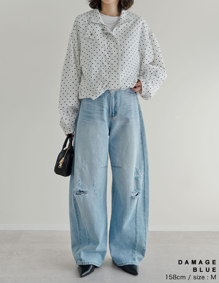 裾フリンジバレルレッグデニムパンツ