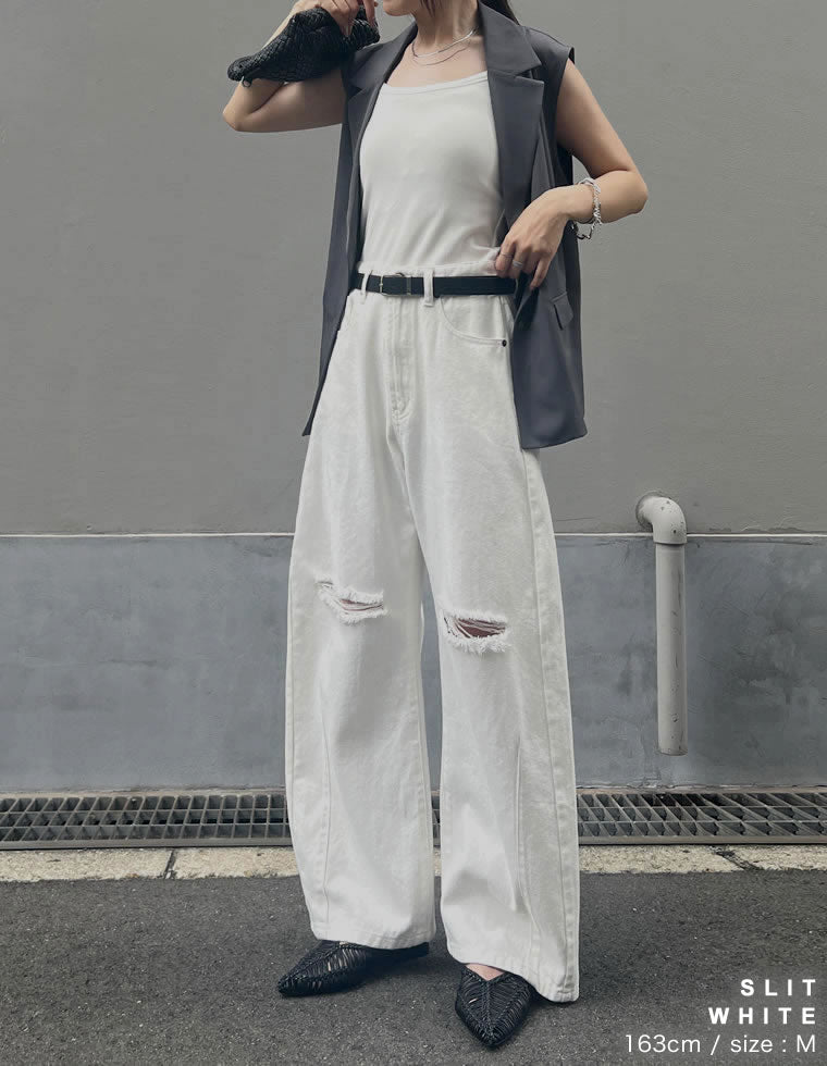 裾フリンジバレルレッグデニムパンツ