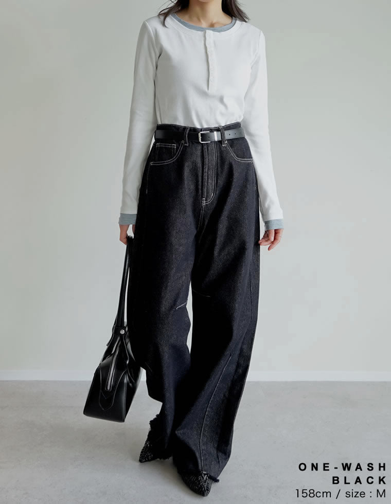 裾フリンジバレルレッグデニムパンツ