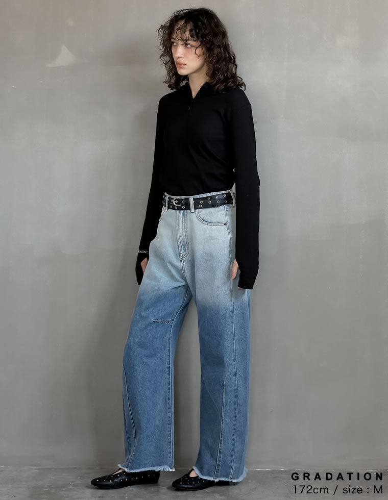 裾フリンジバレルレッグデニムパンツ