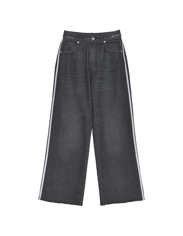 コットンデニムサイドラインワイドストレートパンツ