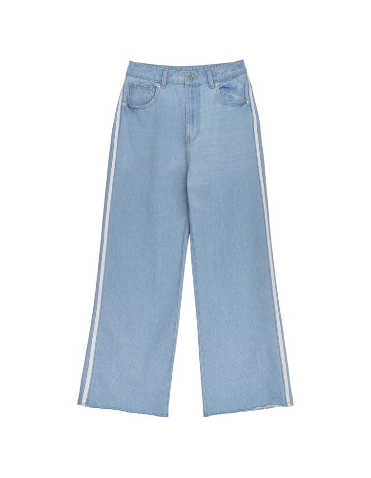 コットンデニムサイドラインワイドストレートパンツ