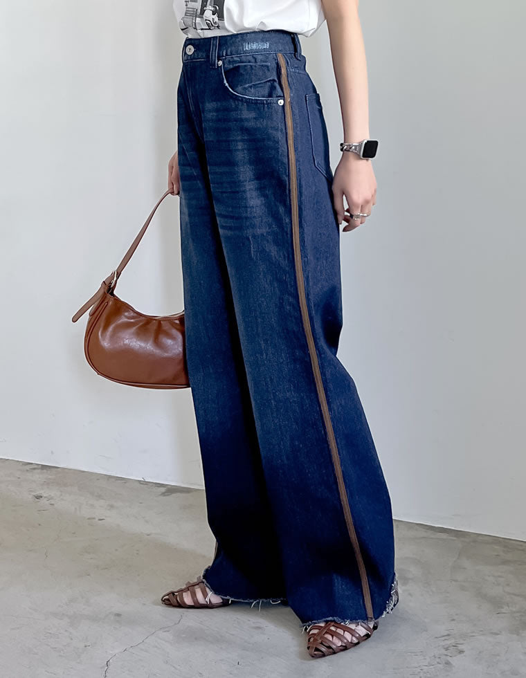 コットンデニムサイドラインワイドストレートパンツ