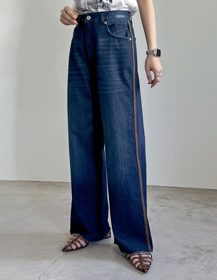コットンデニムサイドラインワイドストレートパンツ