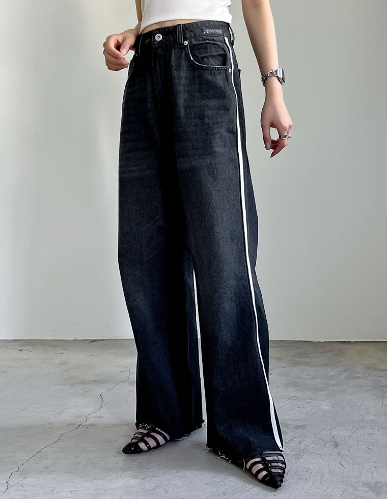 コットンデニムサイドラインワイドストレートパンツ