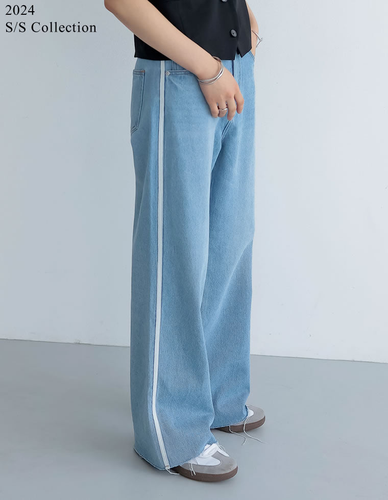 コットンデニムサイドラインワイドストレートパンツ