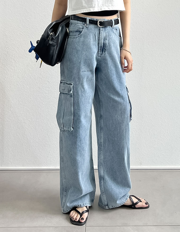 コットンデニムサイドポケットカーゴパンツ