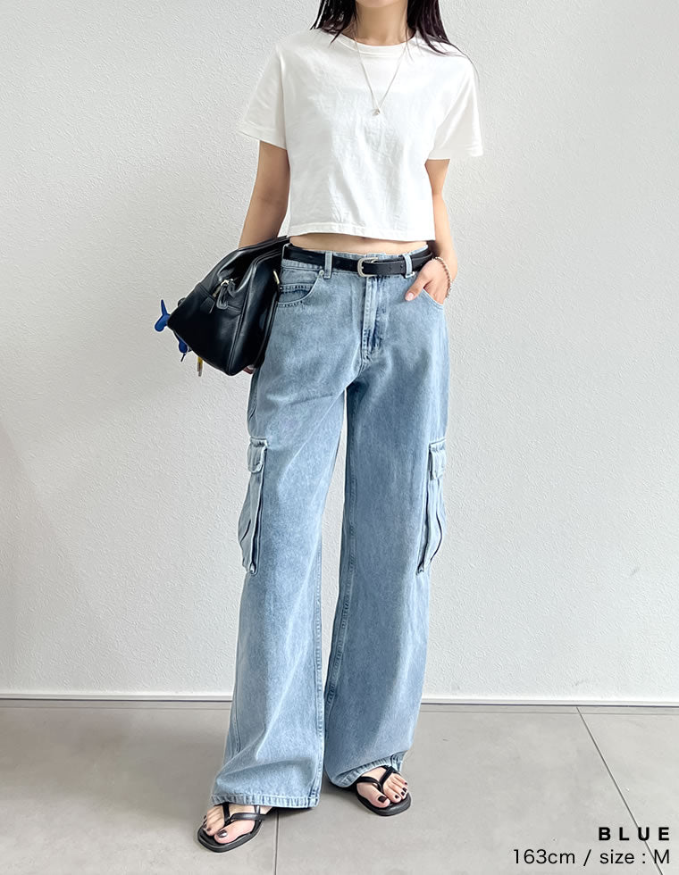 コットンデニムサイドポケットカーゴパンツ