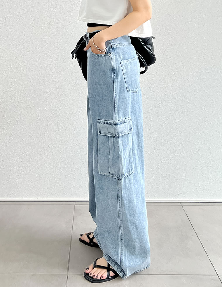 コットンデニムサイドポケットカーゴパンツ